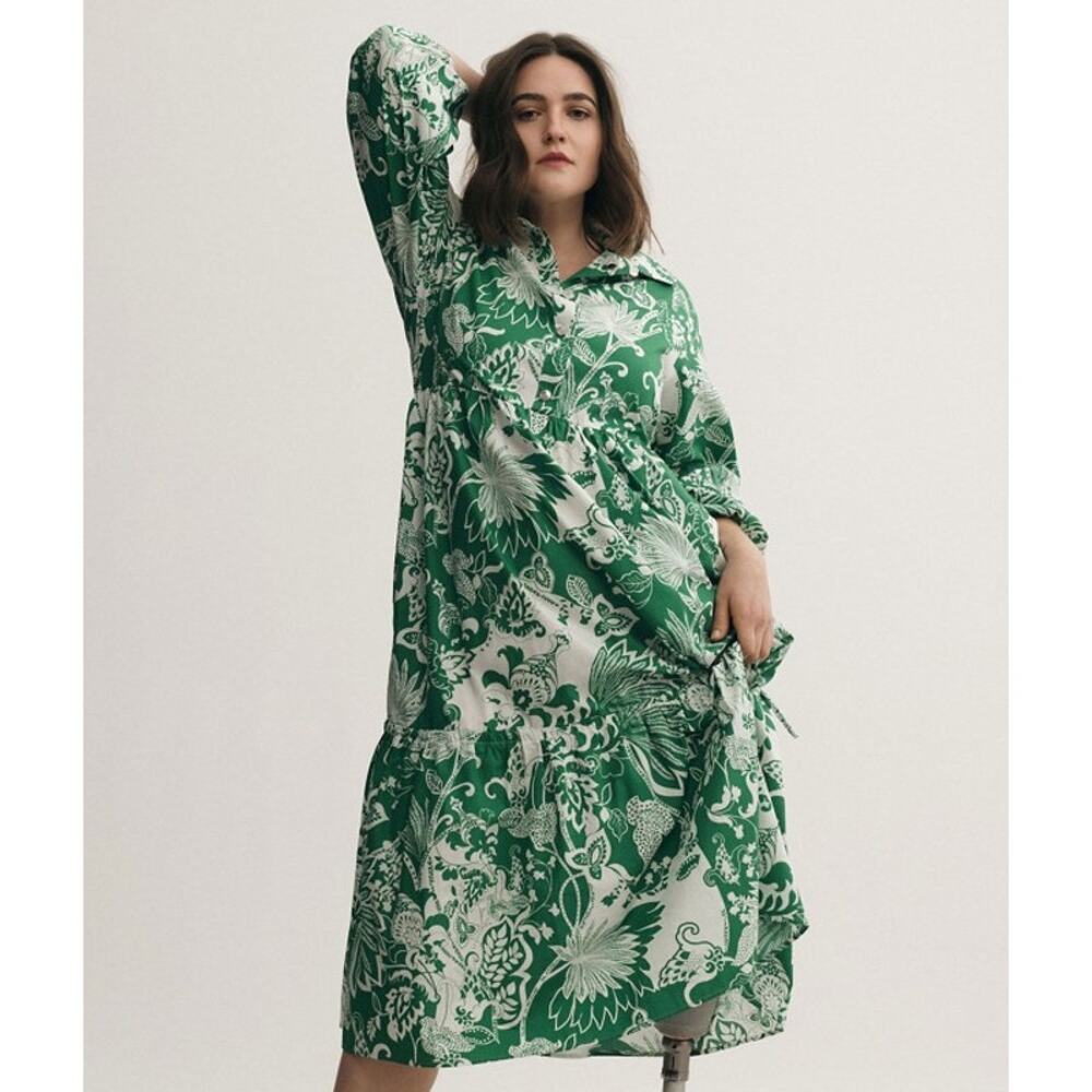 Maeve Green and White Floral Midi Dress